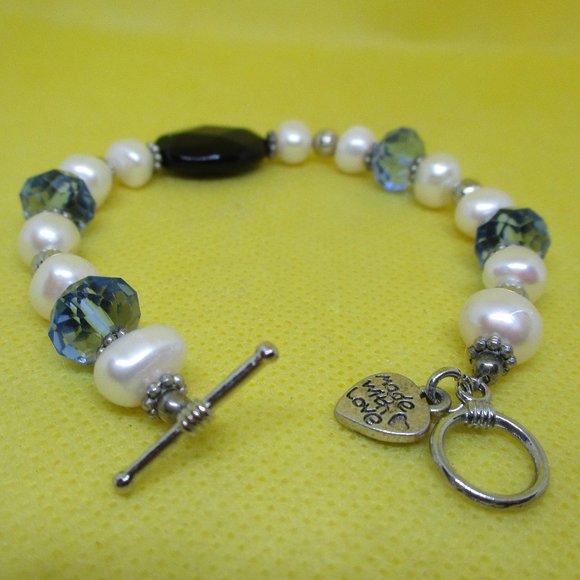 Genuine FRESH WATER PEARL Blue Faceted Crystal Bracelet Large Black Faceted Bead - Picture 10 of 13